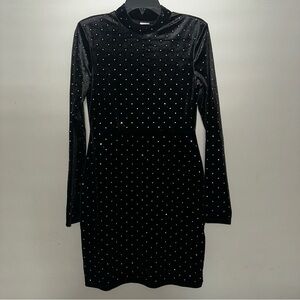 H&M Black Stretch fitted Long Sleeve Velvet Cocktail Dress with Rhinestones M